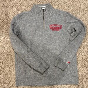 League Gray Zip Up Sweater with Red University of Wisconsin Badgers Logo